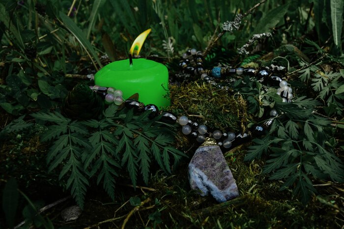 Burning green candle a symbol of the moon an amulet lying on a moss on a dark natural background pagan wiccan slavic traditions witchcraft esoteric spiritual ritual